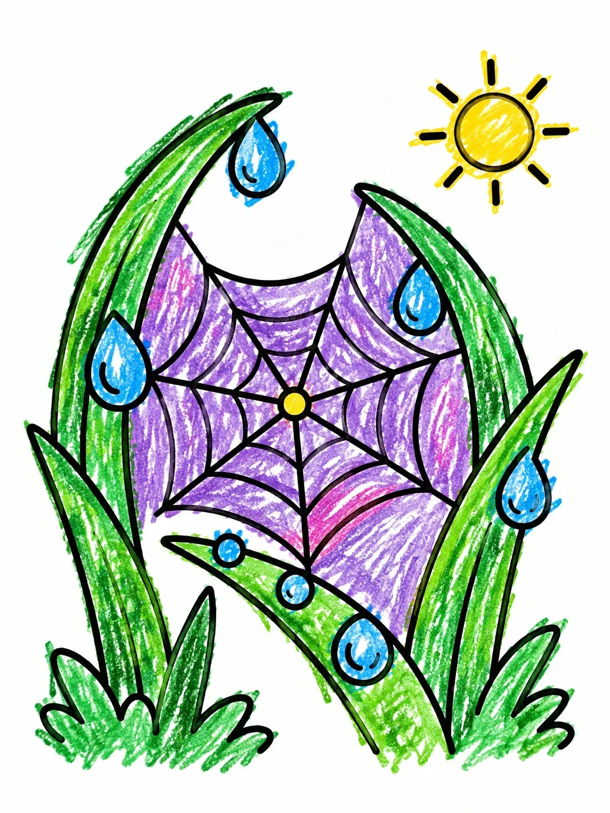 Colored example of the Morning Dew On Grass And Spiderweb coloring page
