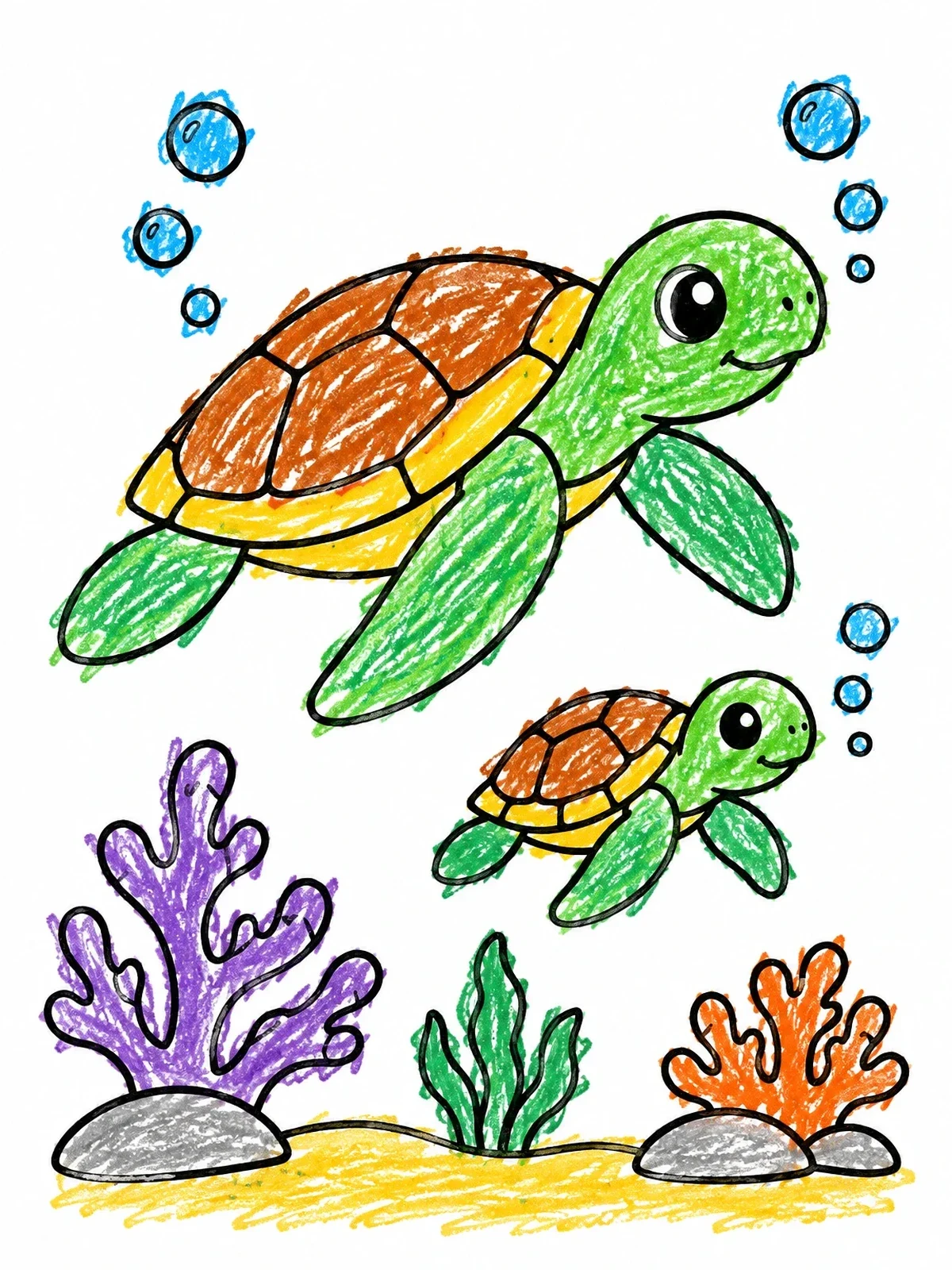 Colored example of the Sea Turtles Over Coral Reef coloring page
