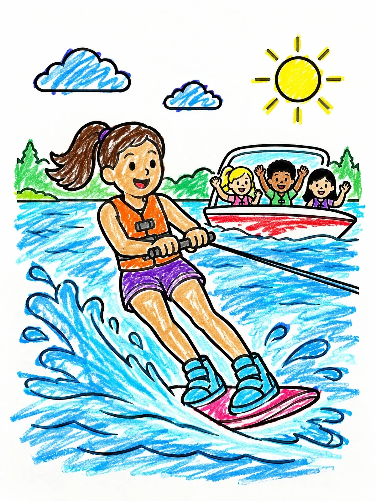 Colored example of the Girl Wakeboarding Behind Speedboat coloring page