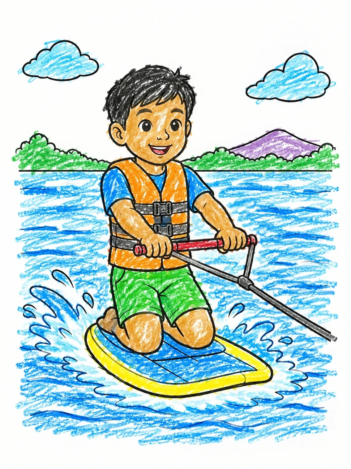 Colored example of the Happy Boy On A Kneeboard coloring page