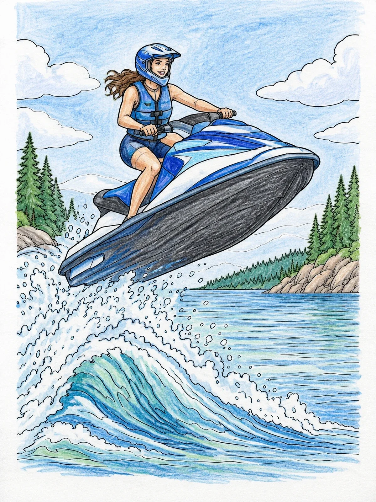 Colored example of the Jet Ski Jumping Over Waves coloring page