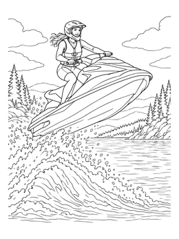 A woman riding a jet ski in midair on this water skiing coloring page.