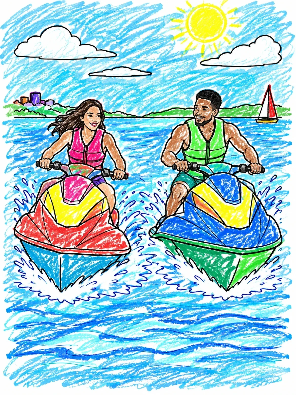 Colored example of the Jet Ski Riding On The Bay coloring page