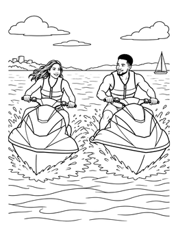 A water skiing coloring page featuring a man and woman riding jet skis side by side.