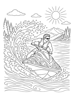 A man rides a jet ski making waves on this water skiing coloring page.