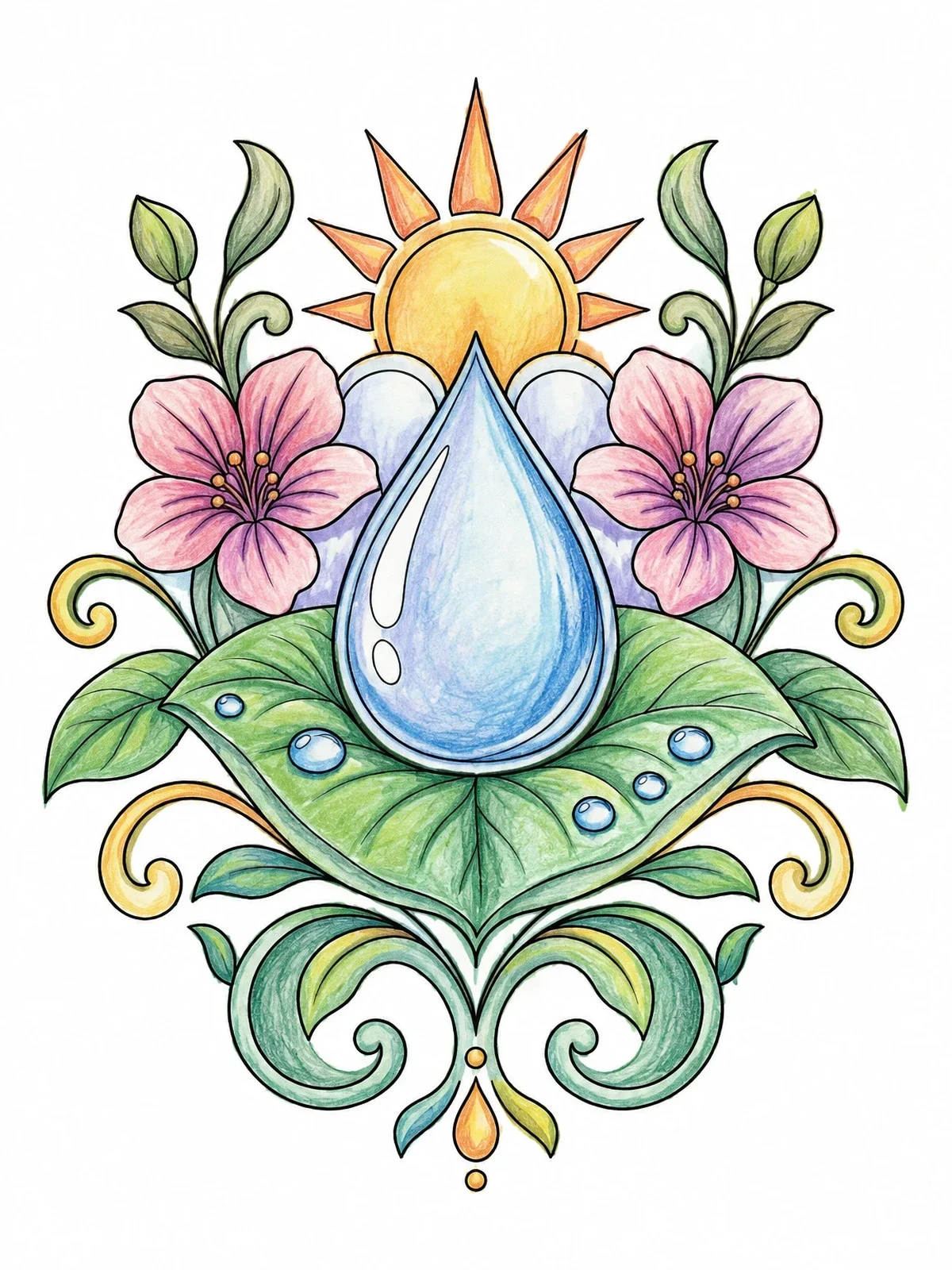 Colored example of the Symmetrical Morning Dewdrop On Leaf coloring page