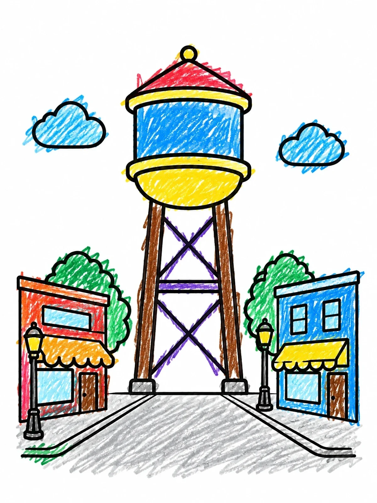 Colored example of the Water Tower On Small Town Street coloring page