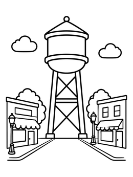 Free printable Water Tower On Small Town Street coloring page