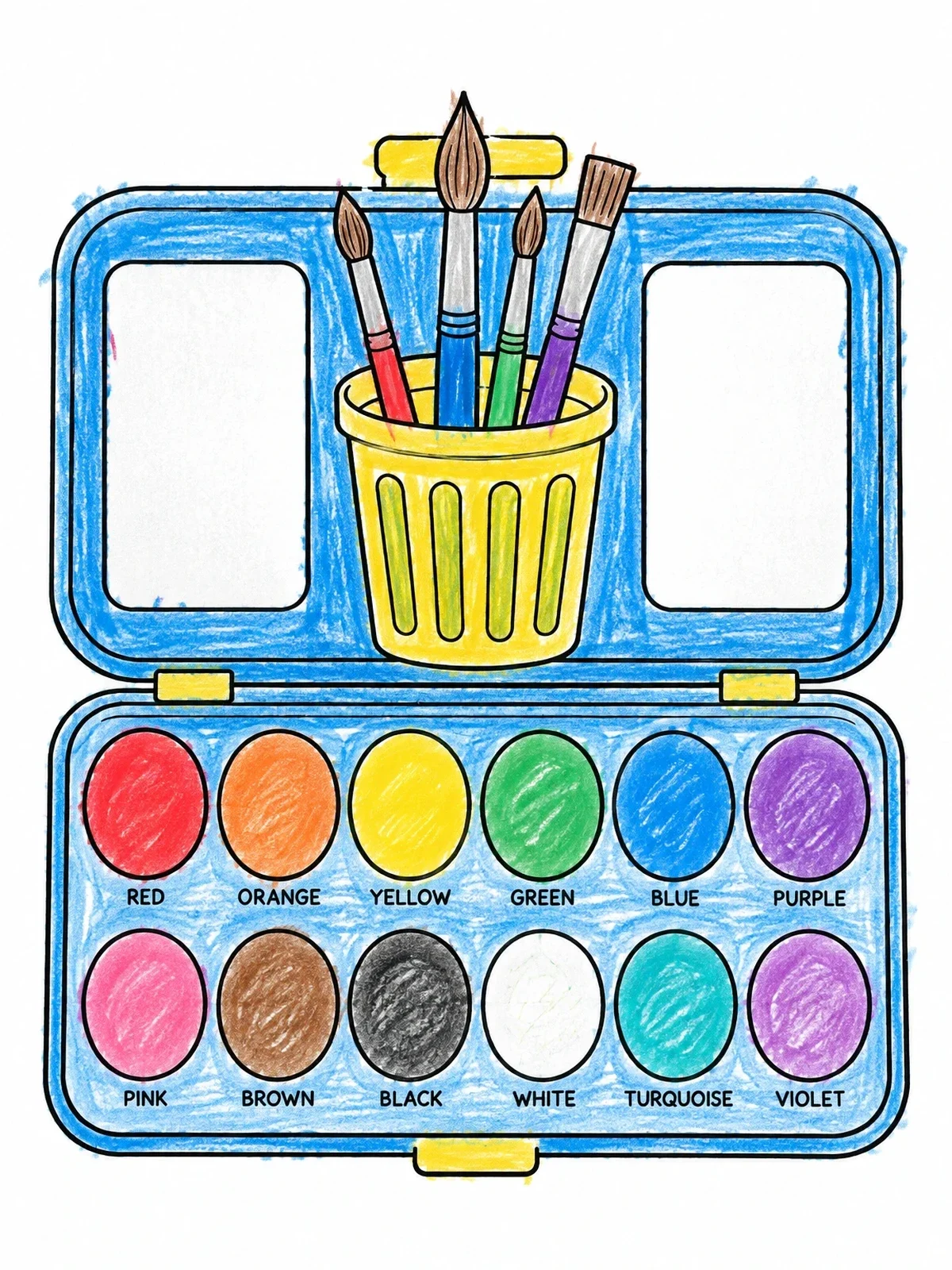 Colored example of the Watercolor Paint Box With Brushes coloring page