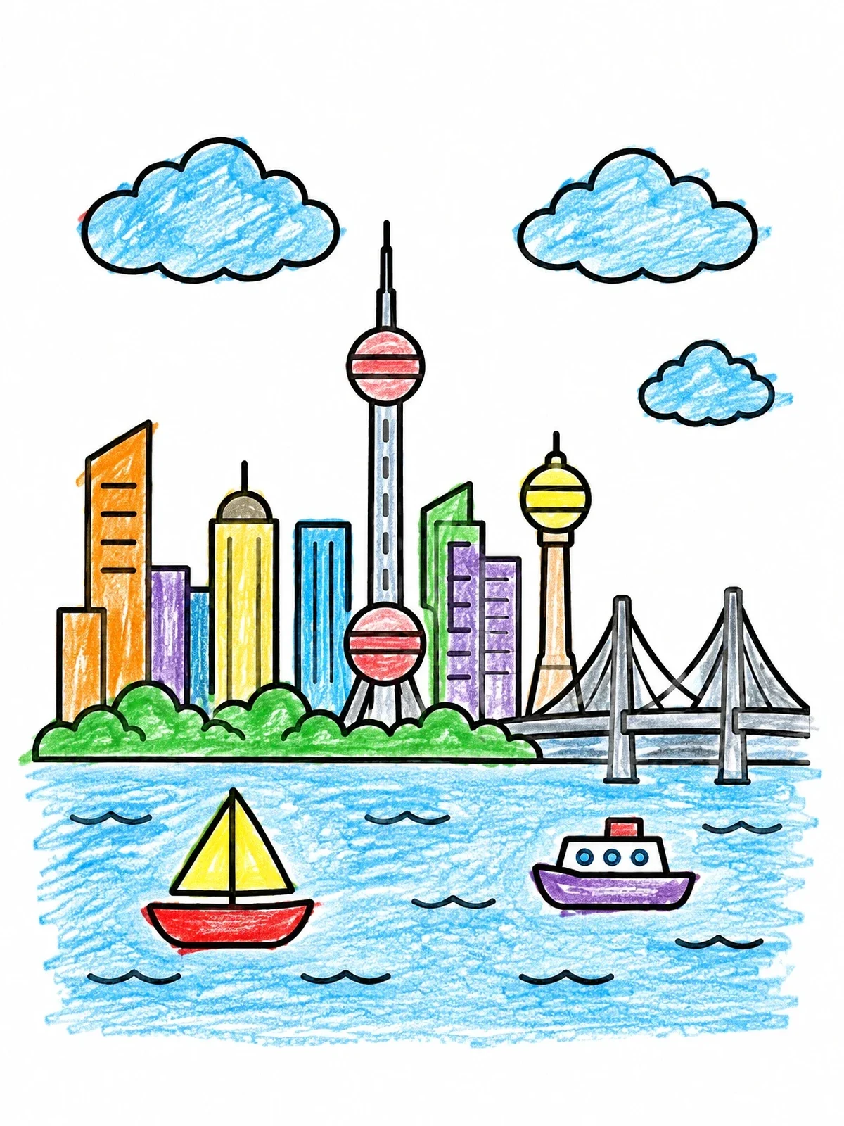 Colored example of the Waterfront Cityscape With Tower And Boats coloring page