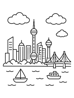 Free printable Waterfront Cityscape With Tower And Boats coloring page
