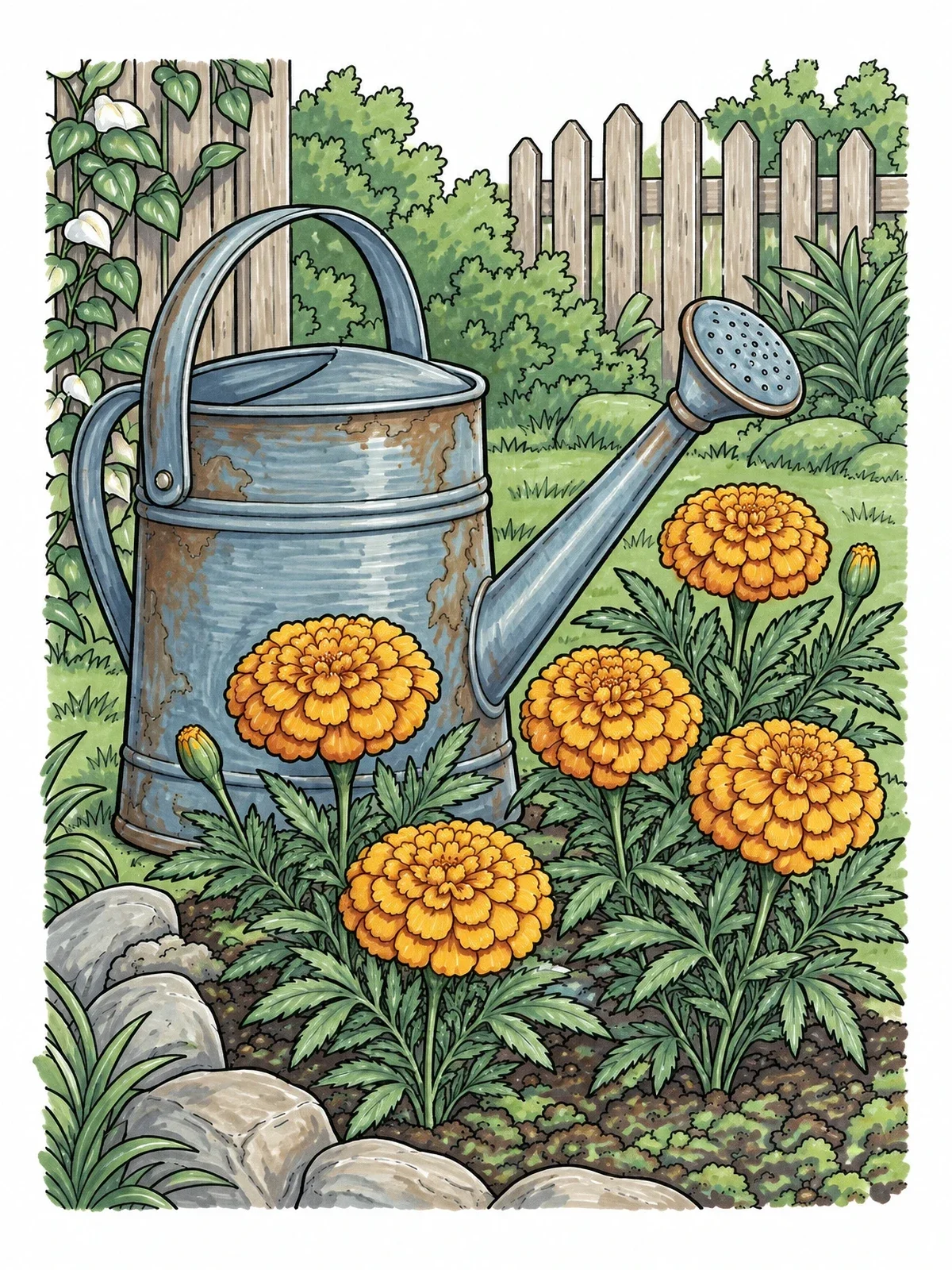 Colored example of the Watering Can And Blooming Marigolds coloring page