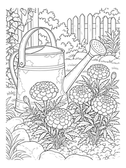 A rustic garden scene with this marigold flower coloring page featuring blossoms by a watering can.