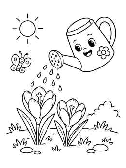 Free printable Watering Can And Spring Crocuses coloring page