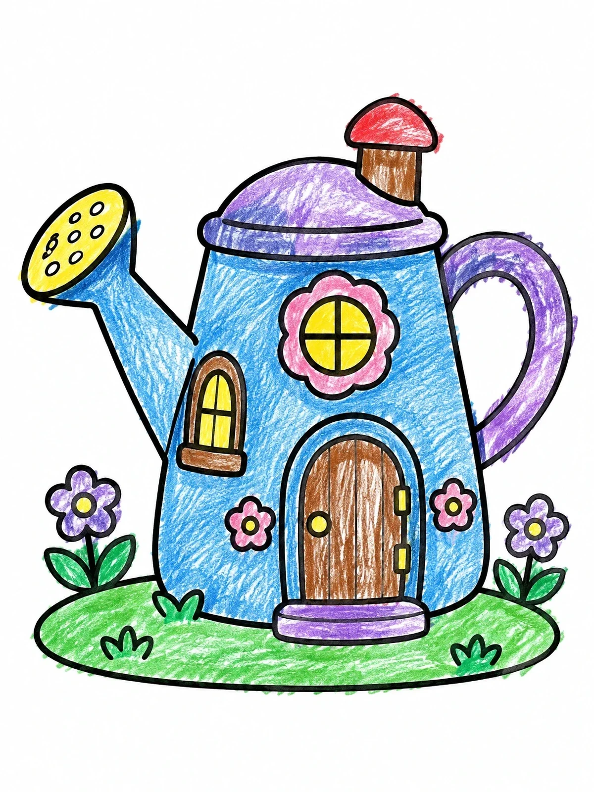 Colored example of the Watering Can Fairy House coloring page
