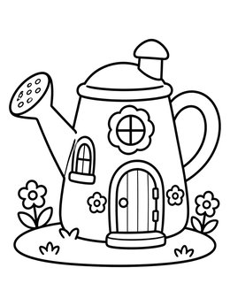 Free printable Watering Can Fairy House coloring page