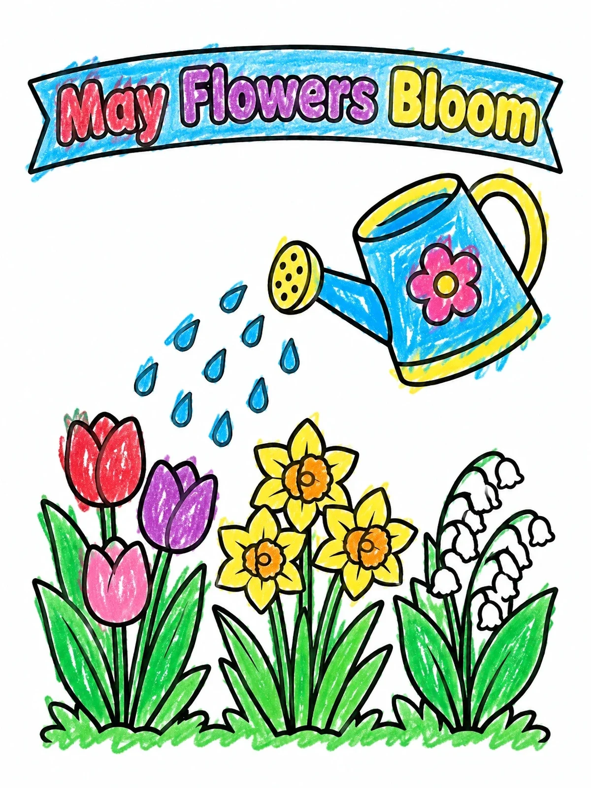 Colored example of the Watering Spring Garden Flowers coloring page