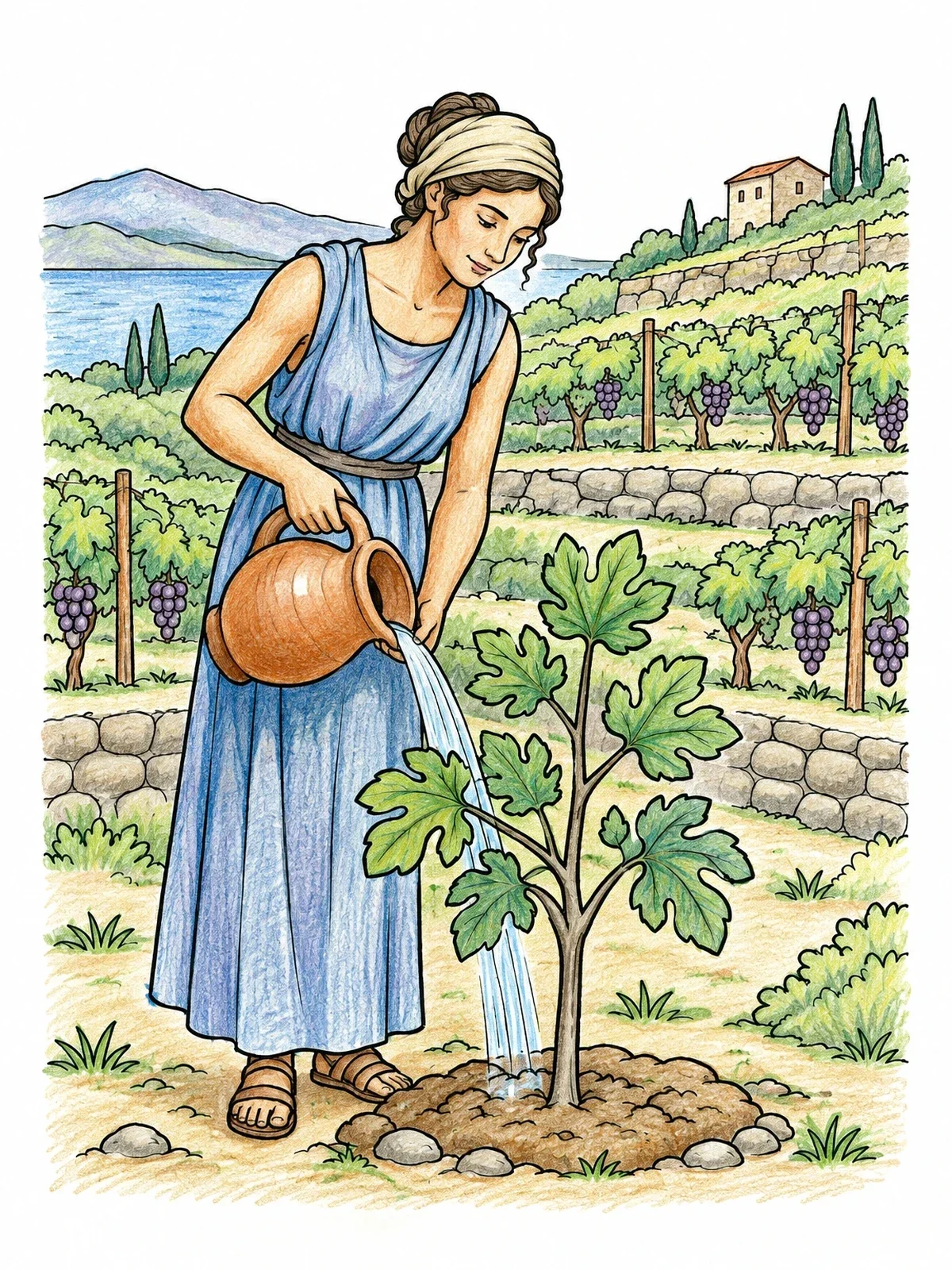 Colored example of the Watering A Young Fig Tree coloring page