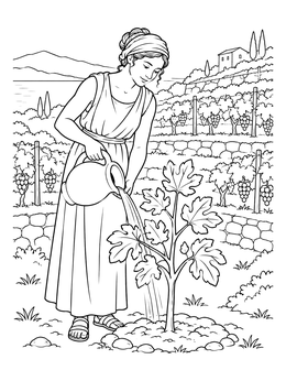 A woman in classical tunic watering a sapling in this fig tree coloring page set in a hillside vineyard.