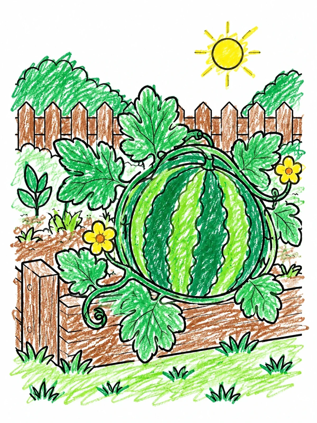 Colored example of the Watermelon On A Garden Border coloring page