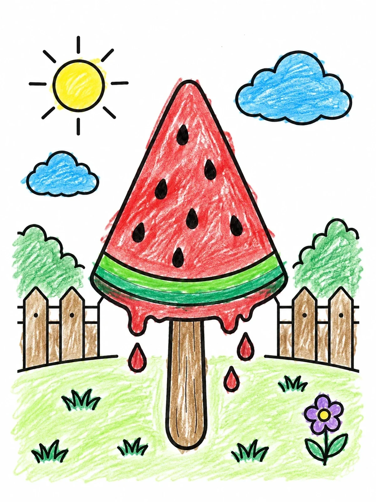 Colored example of the Watermelon Popsicle In The Garden coloring page