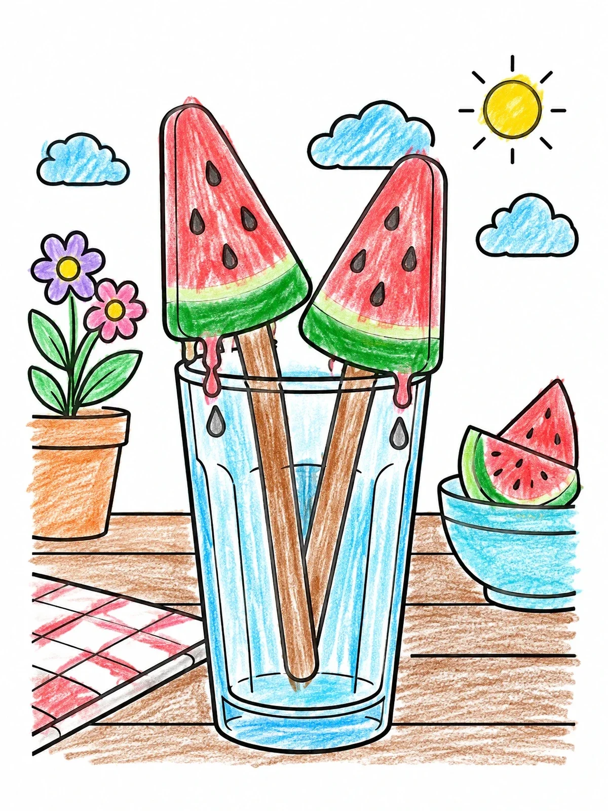 Colored example of the Watermelon Popsicles In A Glass coloring page
