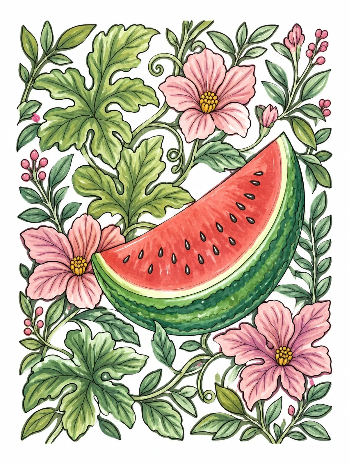 Colored example of the Watermelon Slice With Garden Blooms coloring page