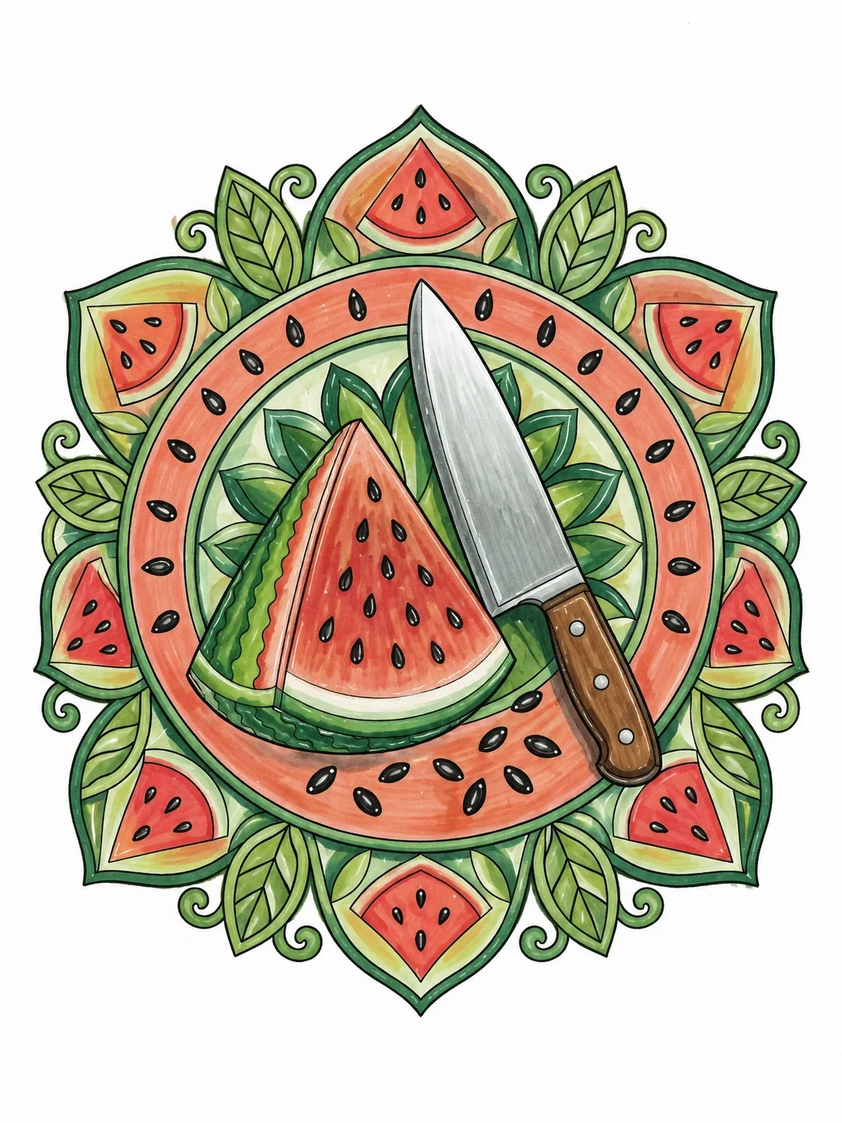 Colored example of the Watermelon Slice And Knife Mandala coloring page