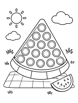 A fun watermelon slice on this pop it fidget toy coloring page outdoors with the sun.