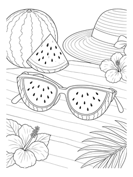A summer scene with a sunglasses coloring page featuring watermelon frames, a sun hat, and tropical flowers.