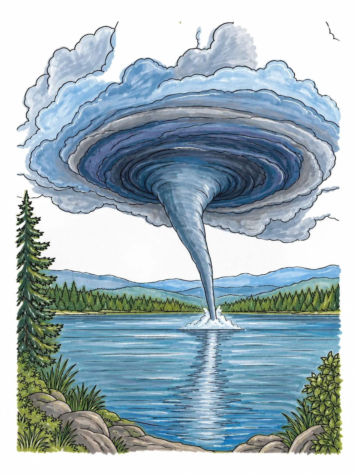 Colored example of the Waterspout Tornado Over Lake coloring page