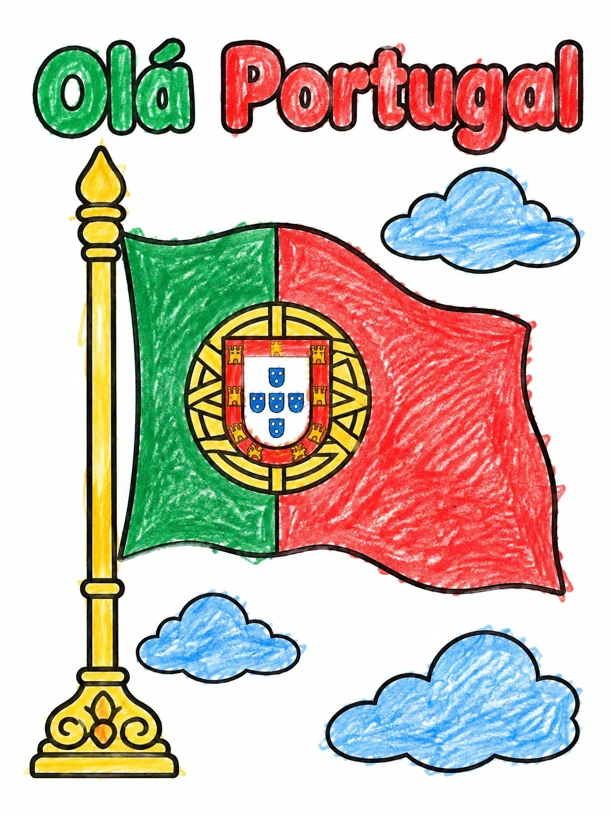 Colored example of the Portuguese Flag With Ola Portugal coloring page