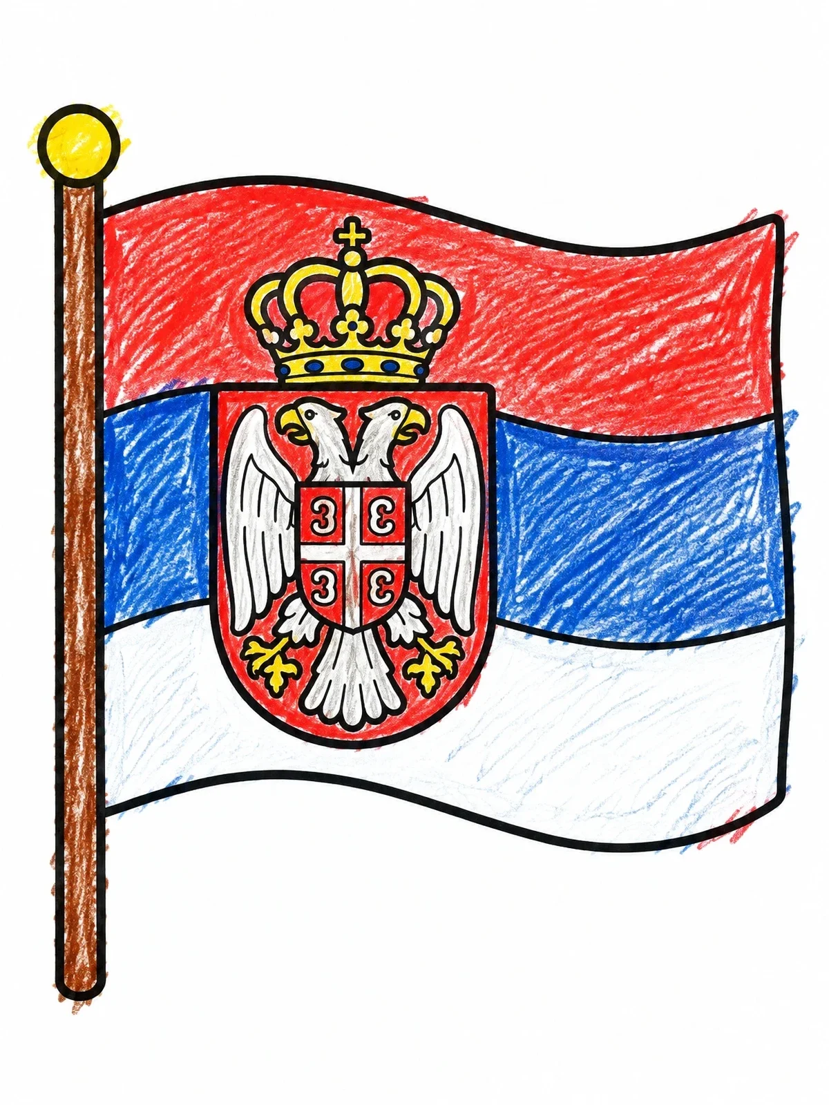 Colored example of the Serbian Flag On A Flagpole coloring page