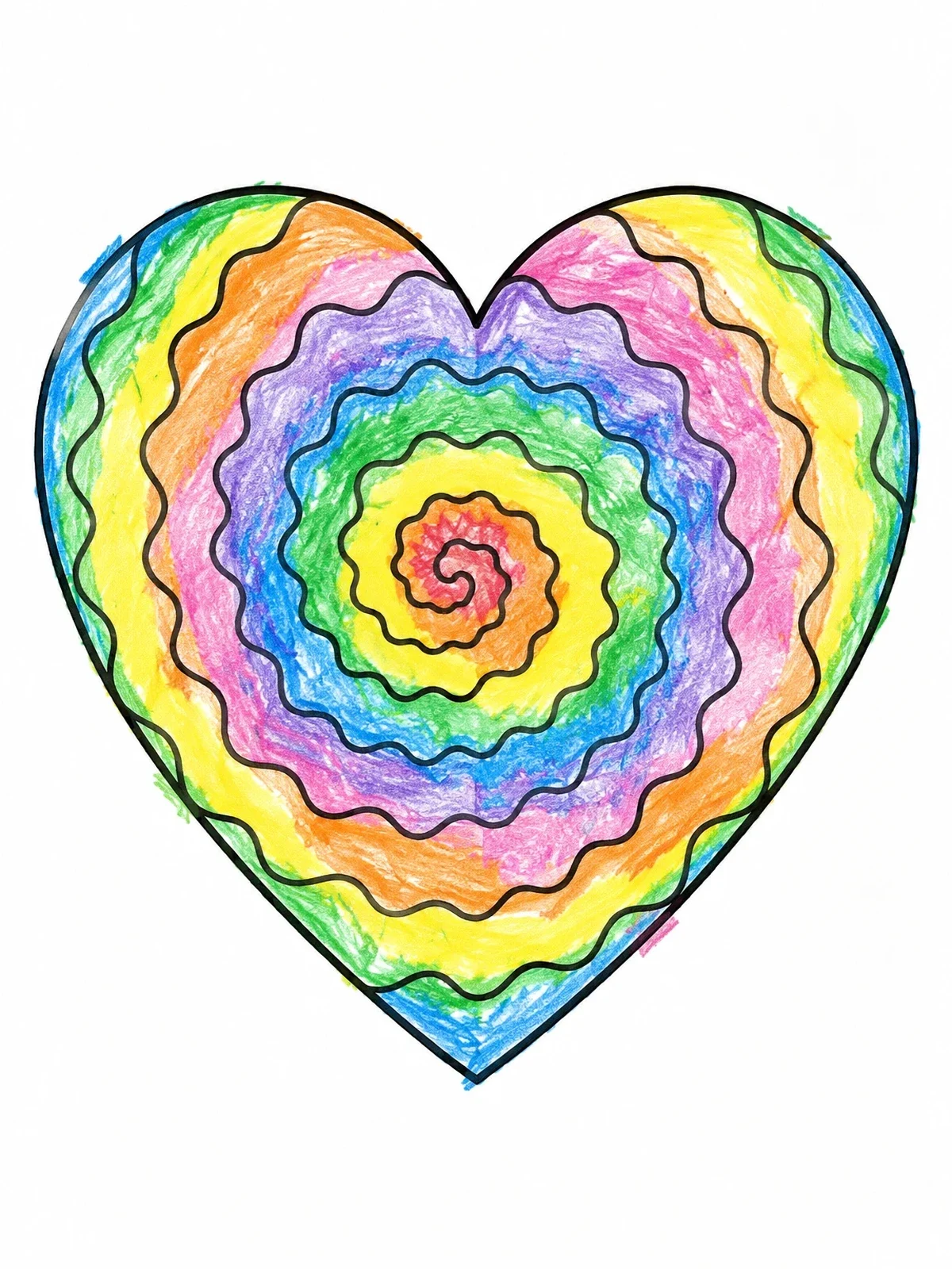 Colored example of the Wavy Spiral Tie Dye Heart coloring page