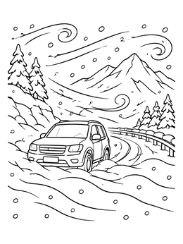 A car navigates snowy drifts on a mountain road weather coloring page.