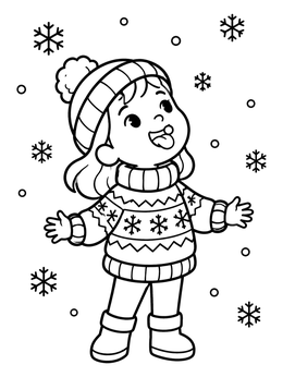 Free printable Child Catching Winter Snowflakes coloring page