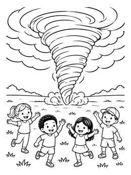A fun weather coloring page showing four happy children watching a swirling tornado in a field.
