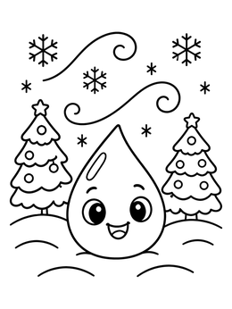 A cheerful water droplet rests in snow on this weather coloring page with winter trees and snowflakes.