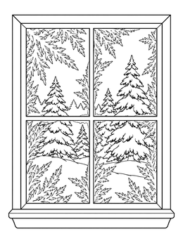 Snowy pine trees seen through frost on glass in this weather coloring page.