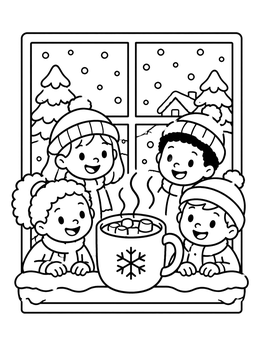 Smiling kids gather around hot cocoa in this winter weather coloring page.