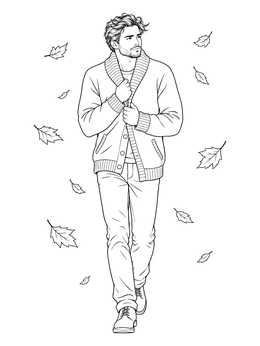A man clutching his warm cardigan among falling leaves on this weather coloring page.