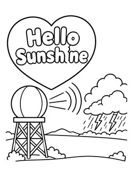 A weather coloring page featuring a radar dome tracking a distant thunderstorm cloud under a heart sign.