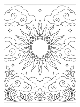 A radiant sun surrounded by stylized clouds in this weather coloring page.