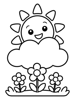 Free printable Smiling Sun Behind Fluffy Cloud coloring page