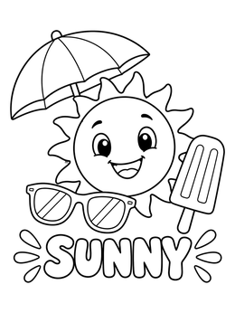 A cheerful smiling sun with sunglasses and popsicle on this weather coloring page.