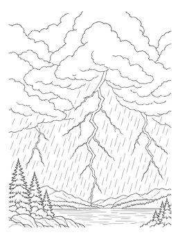 Dramatic lightning strikes over a stormy lake in this weather coloring page.