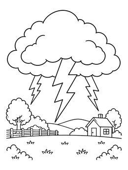 A fluffy storm cloud flashes lightning over a rural landscape in this weather coloring page.