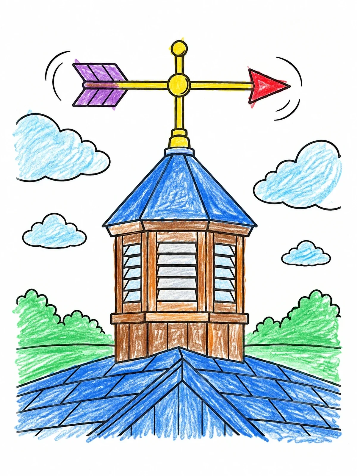 Colored example of the Weather Vane Arrow On Rooftop Cupola coloring page