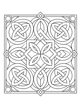 Intricate Celtic knot medallion in a weaving coloring page with geometric patterns.