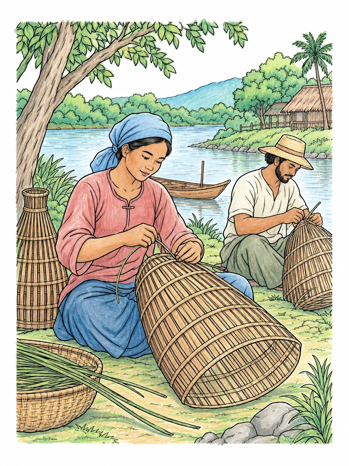 Colored example of the Weaving Fish Traps By The River coloring page